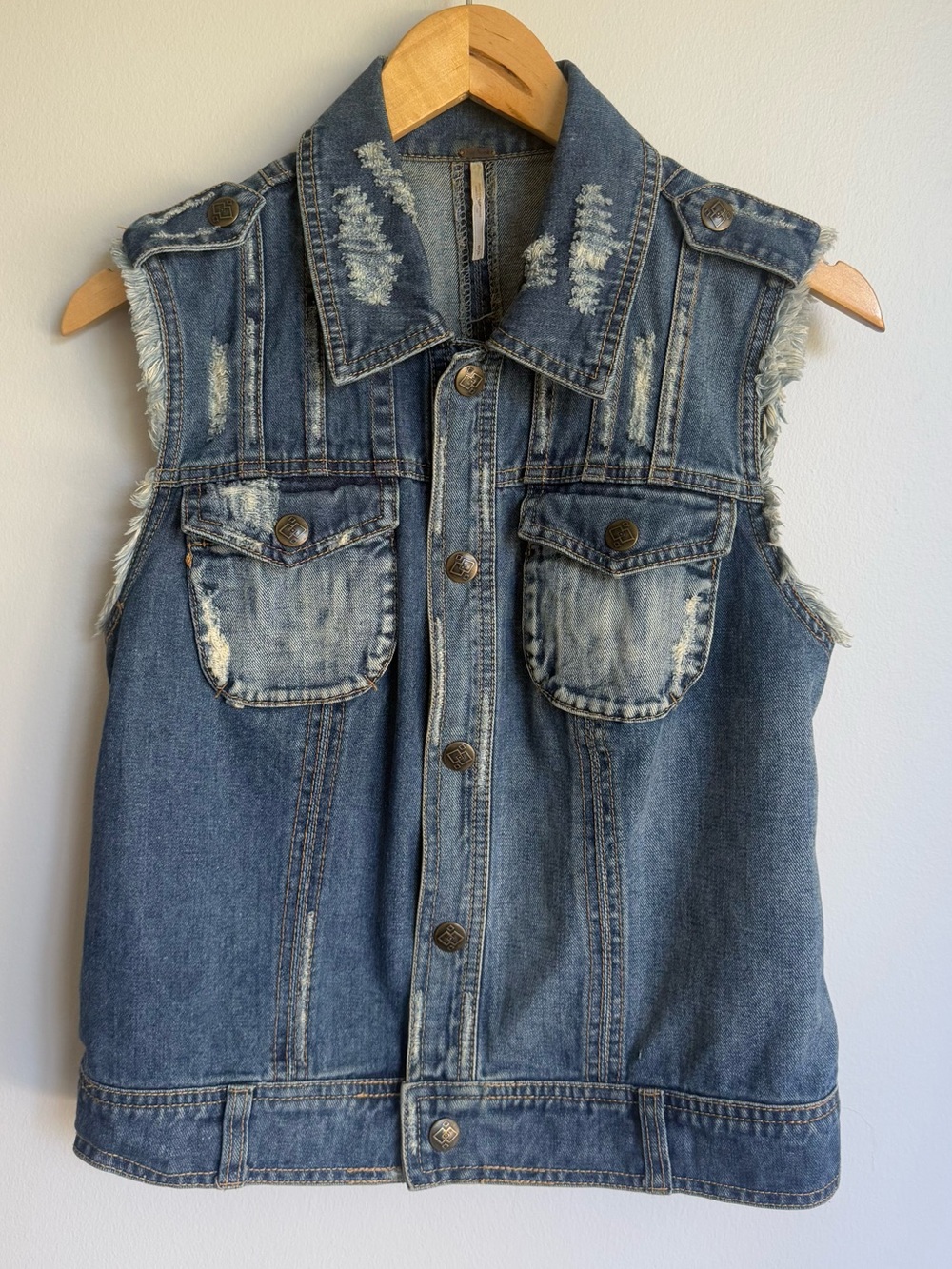 Free People ‘Moody Macrame’ Distressed Denim Vest (100% Cotton)